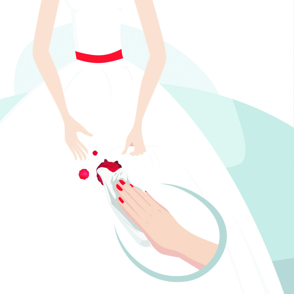 Wipe the dirt from the  bridal dress